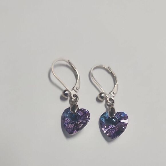 Sterling Silver 925 Crystal Purple Blue Dangle Heart Earrings - Picture 1 of 2